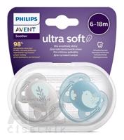 AVENT CUMLÍK Ultra Soft Premium 6-18m chlapec na utišovanie, silikón, FlexiFit, zvieratko 1x2 ks