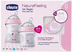 CHICCO Set darčekový Natural Feeling + Air cumlík dojčenská fľaša, dievča (1ks150ml,1ks 250ml) + cumlík (0-6m) 1x1 set